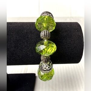 Lime Green Charm Bracelet Glass Beads Textured Metal Spacers